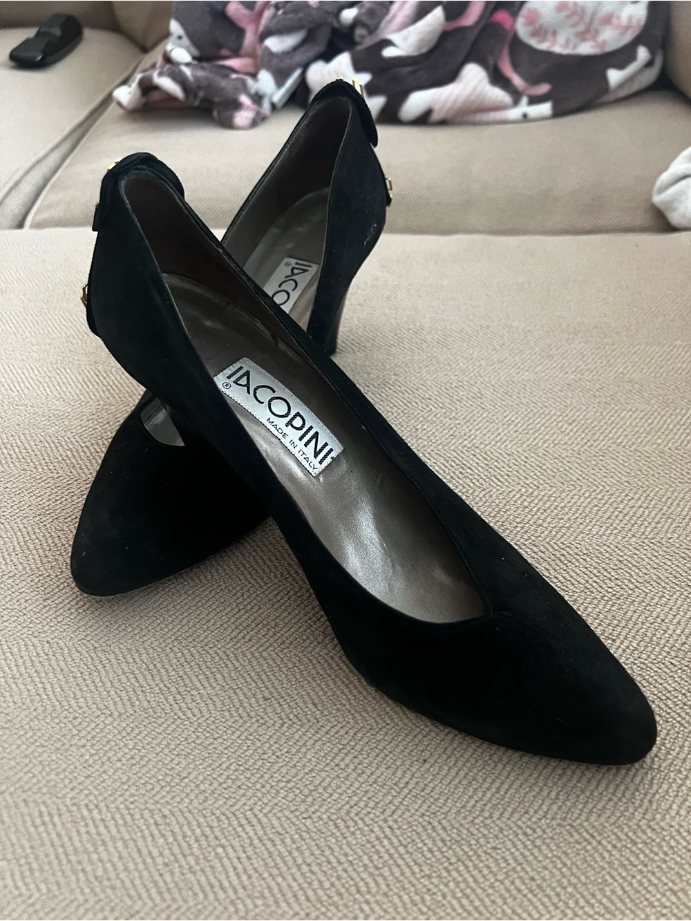 Vintage Iocopini Italian Black Suede Women's Pointed Toe Pumps with metal detail